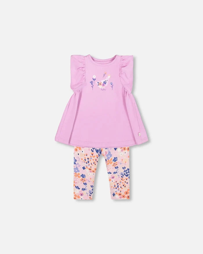 Deux Par Deux Organic Cotton Long Top And Capri Legging Set - Printed Field Flowers