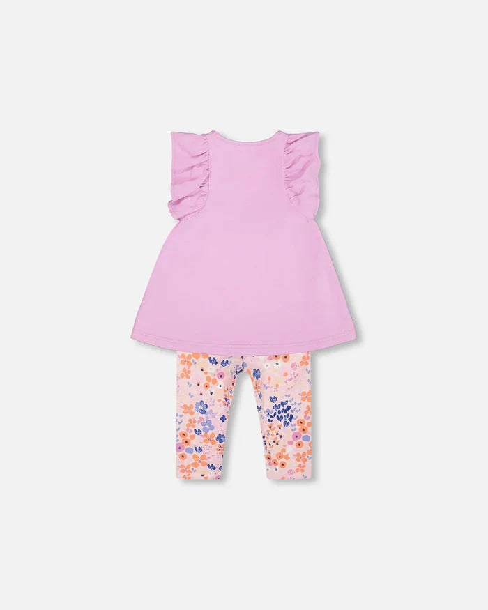 Deux Par Deux Organic Cotton Long Top And Capri Legging Set - Printed Field Flowers