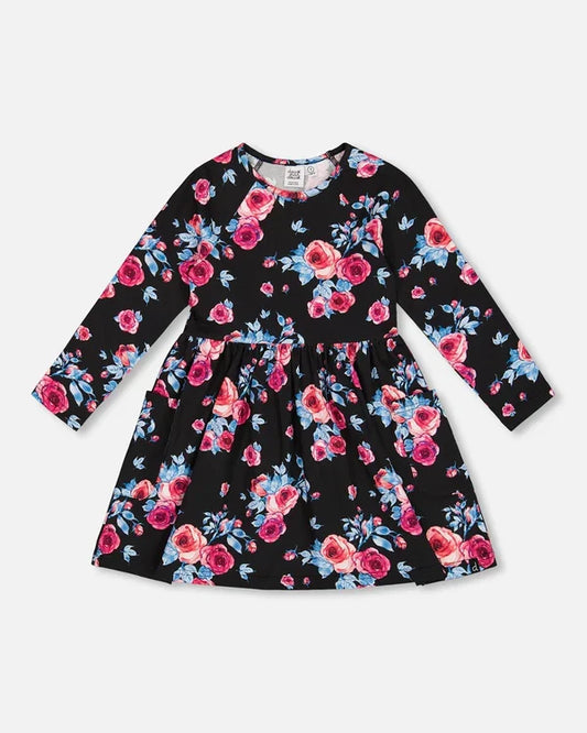Deux Par Deux Printed Dress with Pockets - Black Roses
