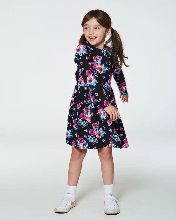 Deux Par Deux Printed Dress with Pockets - Black Roses