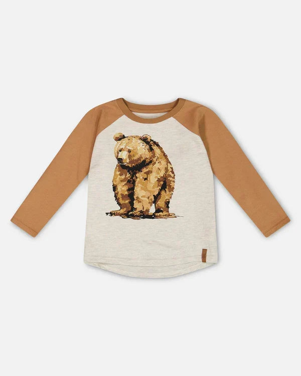 Deux Par Deux Raglan T-Shirt - oatmeal Brown and Beige Bear