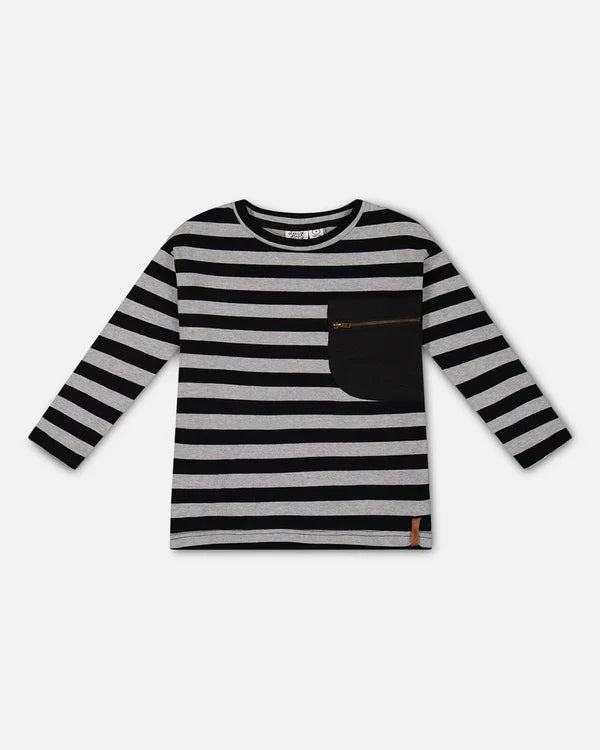 Deux Par Deux Striped Rib Tee - Black and Gray