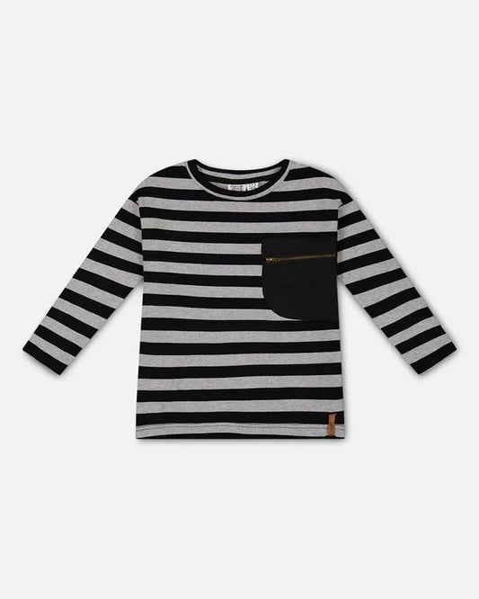 Deux Par Deux Striped Rib Tee - Black and Gray