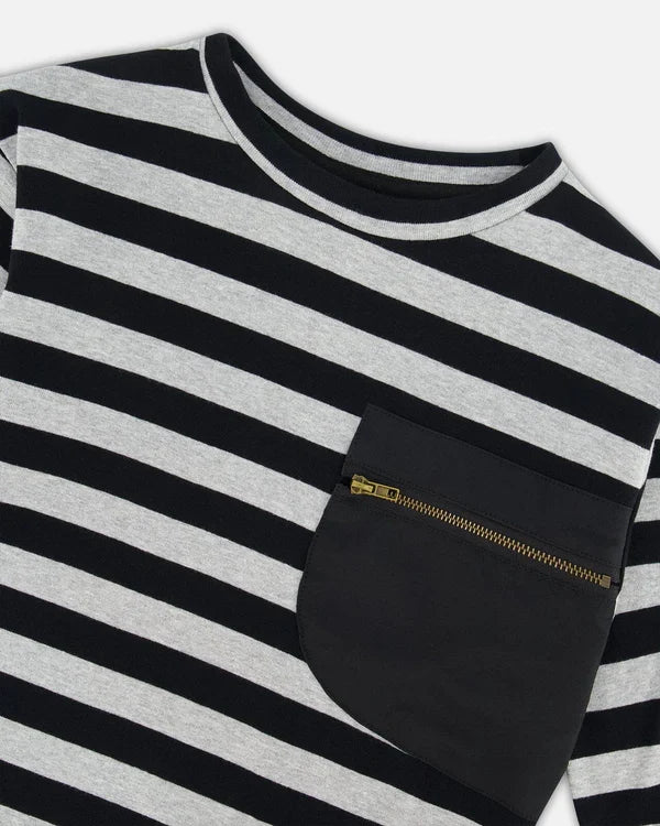 Deux Par Deux Striped Rib Tee - Black and Gray