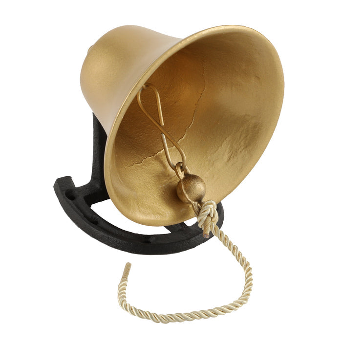 Galvanized metal dinner bell with black horseshoe mount and weatherproof string for swing set accessory