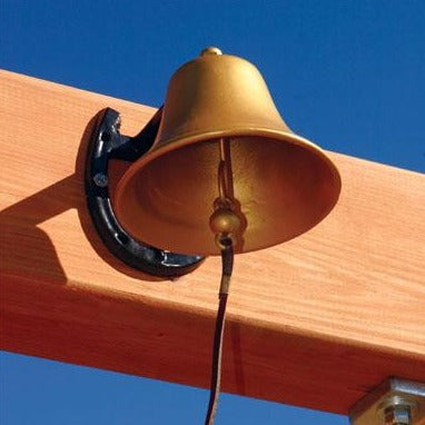 Galvanized metal dinner bell with weatherproof string mounted on wooden swing set beam