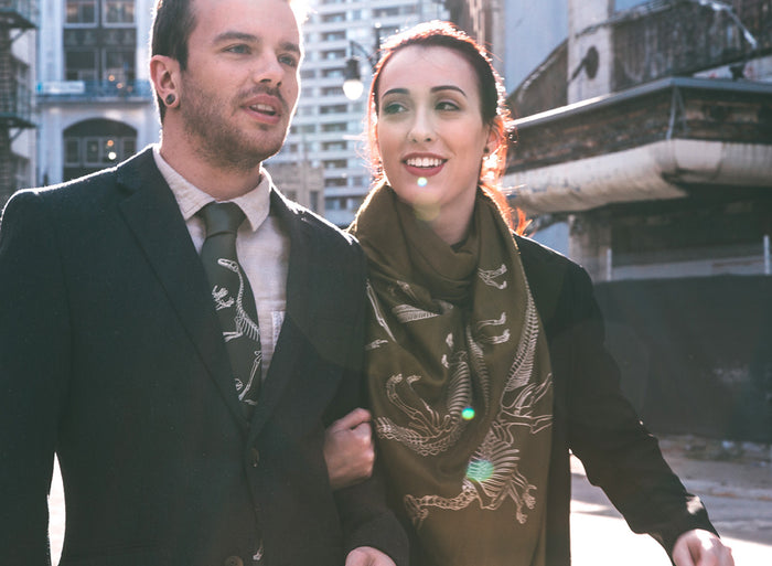 olive green dinosaur scarf and necktie