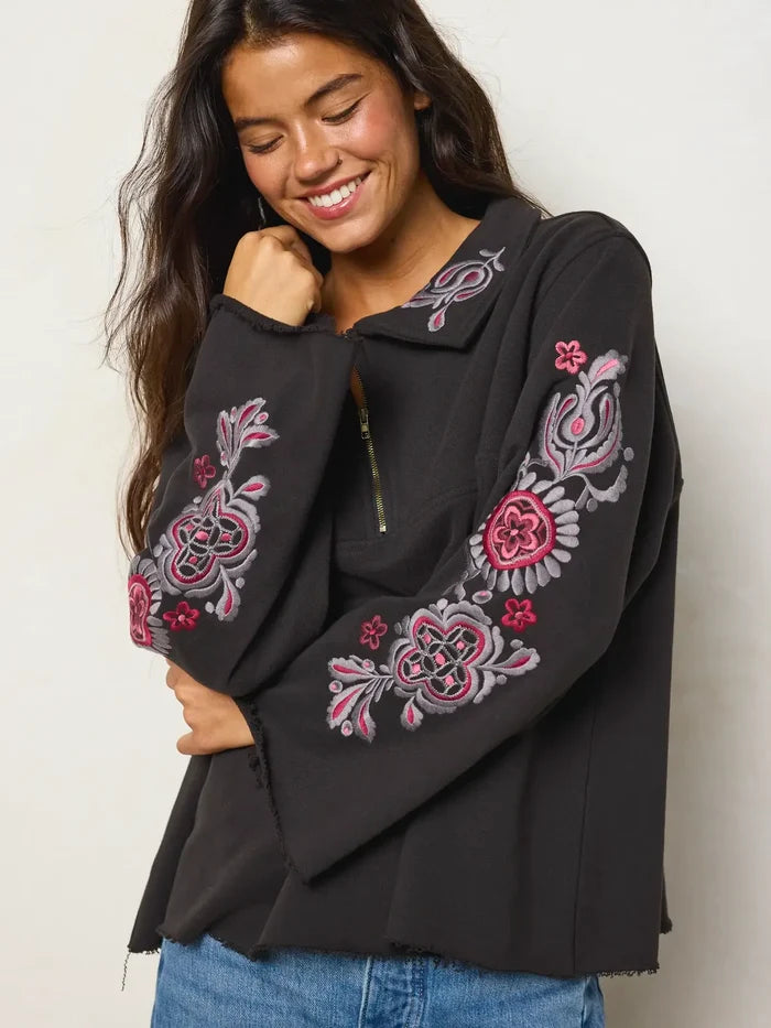 Easy Does It Embroidered Sweatshirt - Charcoal-view 1