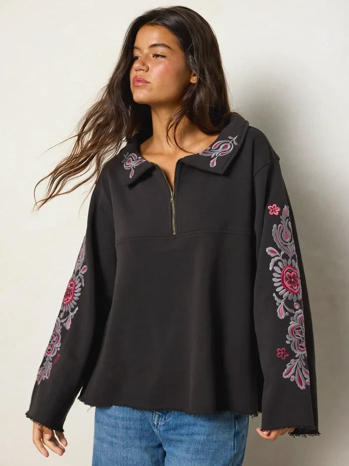 Easy Does It Embroidered Sweatshirt - Charcoal-view 4