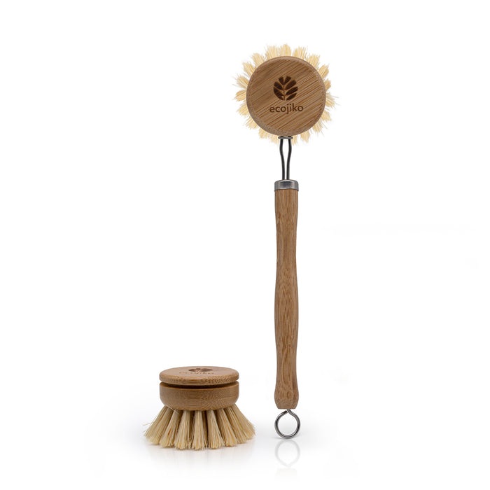 Ecojiko long handled dish brush and replacement head on a white background
