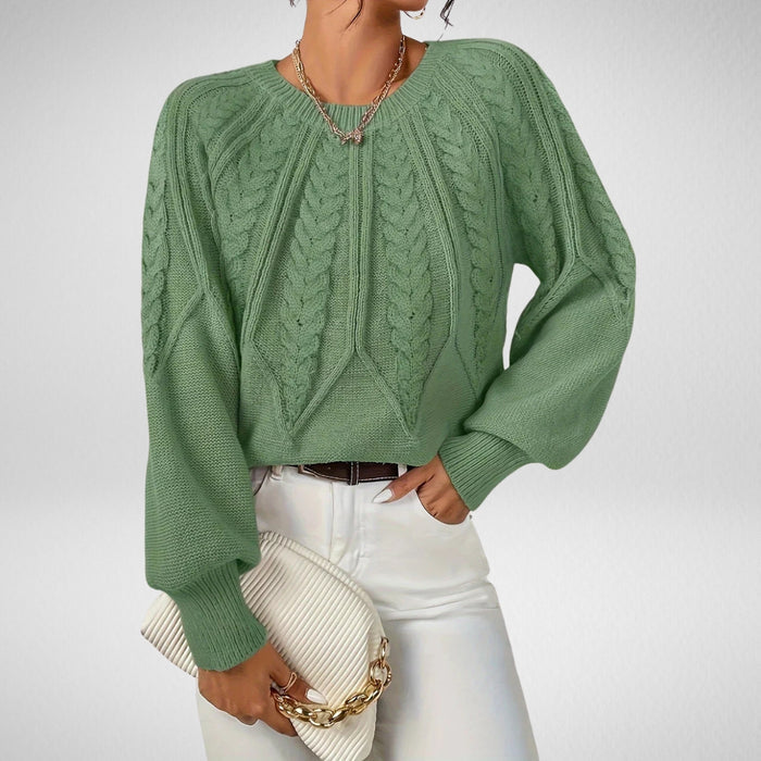 Calvina | Women's Cable Knit Crew Neck Sweater - Sage - Image 1