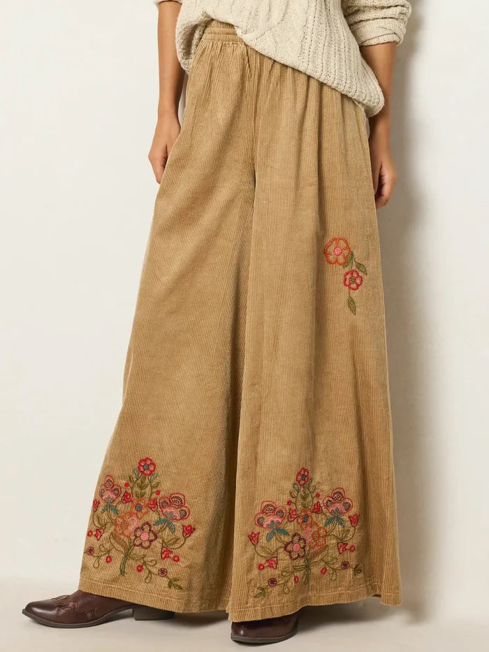 Embroidered Corduroy Wide Leg Pants - 	Folklore Stitches Tan-view 1