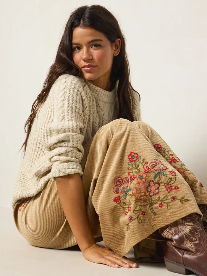 Embroidered Corduroy Wide Leg Pants - 	Folklore Stitches Tan-view 2