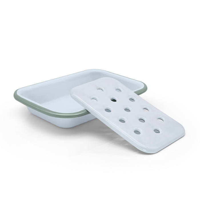 White and Sage Green enamel soap dish on a white background.