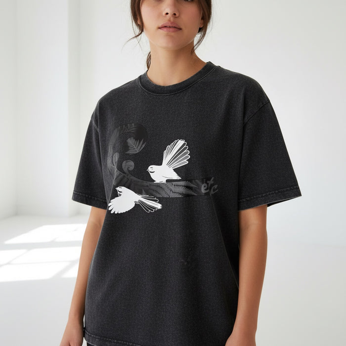 ETC Black & White Fantail Fern Acid Wash Tee