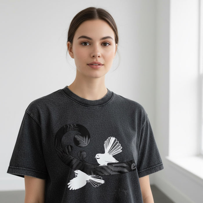ETC Black & White Fantail Fern Acid Wash Tee