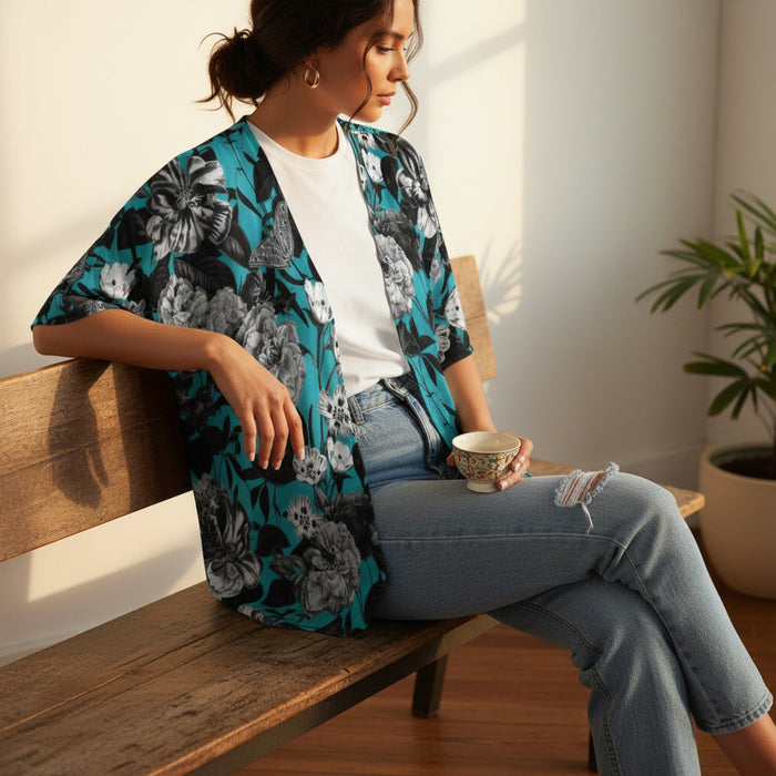 ETC Blue Floral Butterflies Kimono