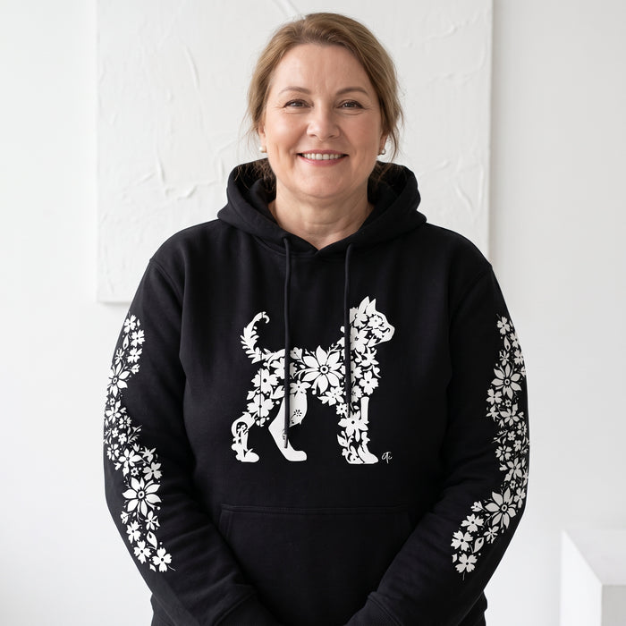 ETC Floral Cat Black Cotton Hoodie