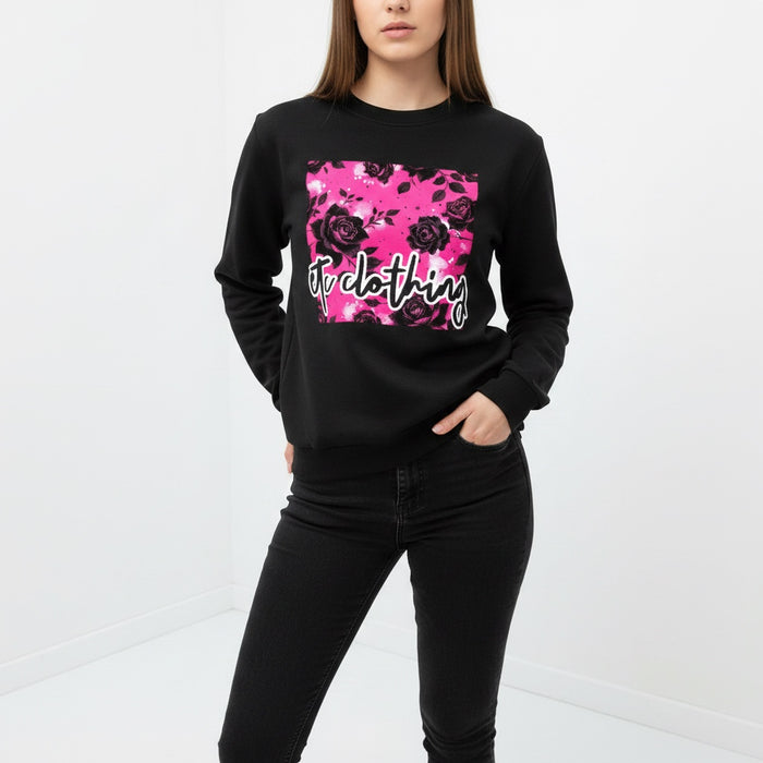 ETC Hot Pink Floral Noir Cotton Fleece Crew