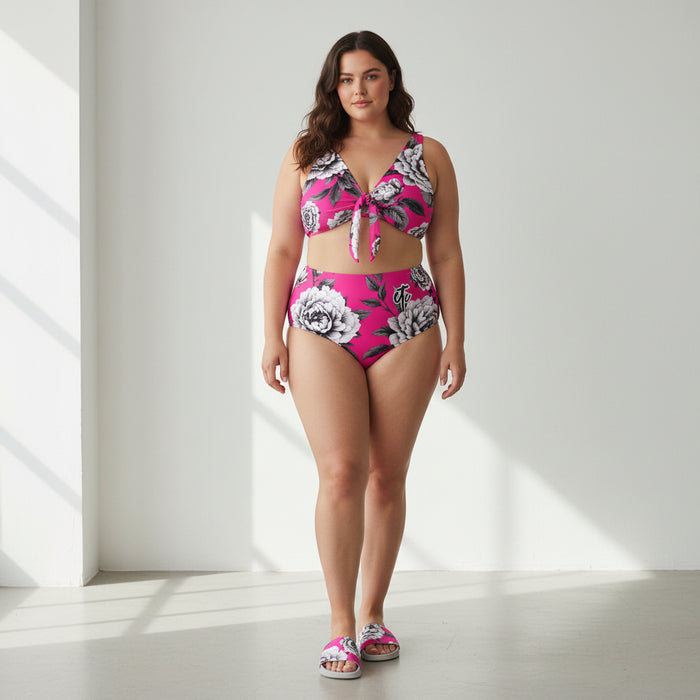 ETC Hot Pink Monochrome Floral High Waisted Bikini Set