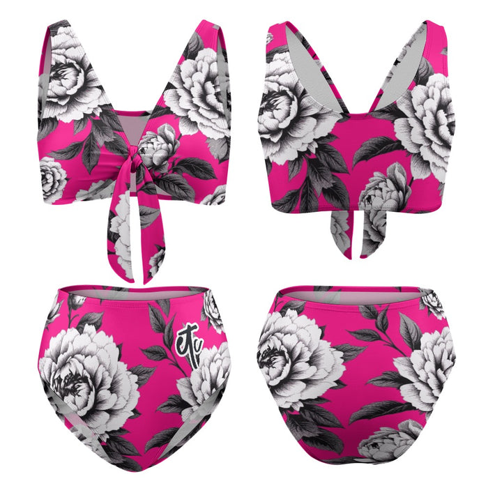 ETC Hot Pink Monochrome Floral High Waisted Bikini Set