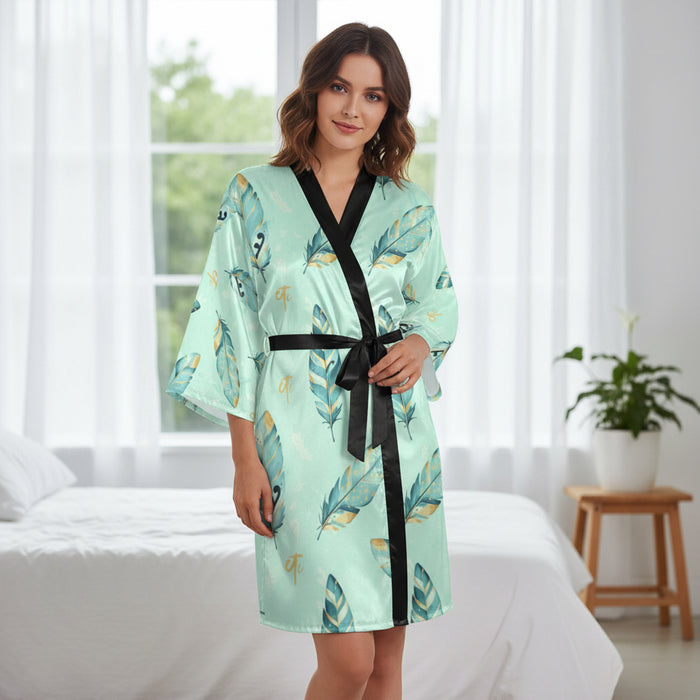 ETC Mint Feathers Long Sleeve Kimono Robe