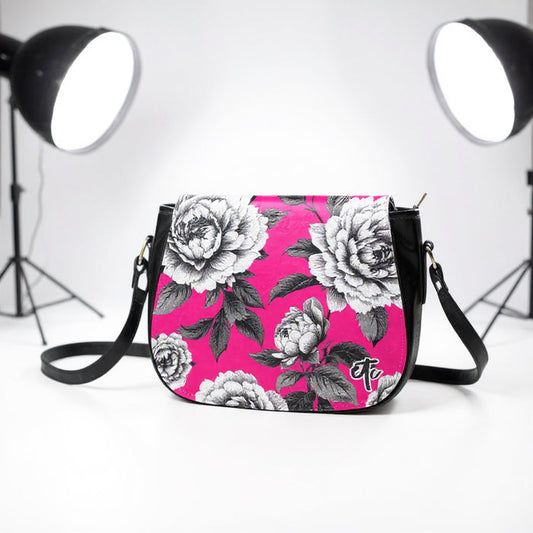 ETC Monochrome Floral PU Leather Saddle Bag