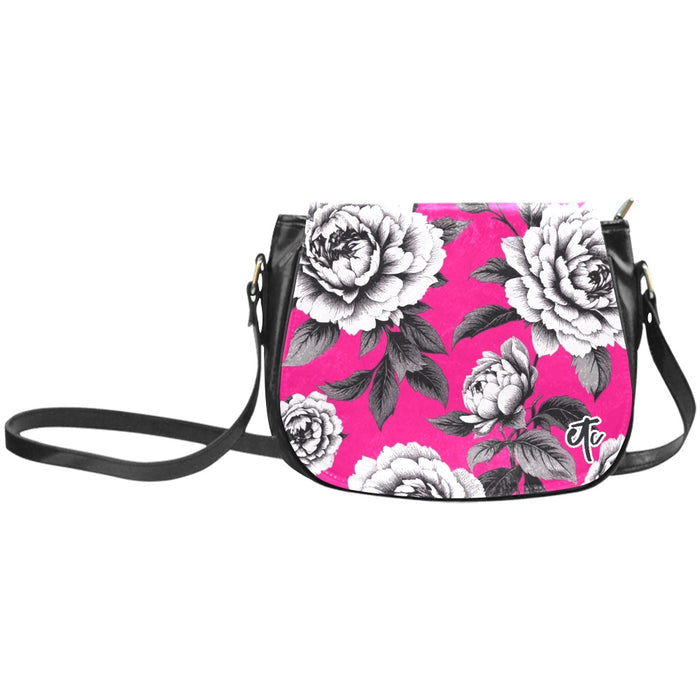 ETC Monochrome Floral PU Leather Saddle Bag