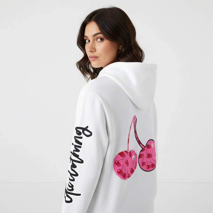 ETC Pink Cherries White Cotton Hoodie