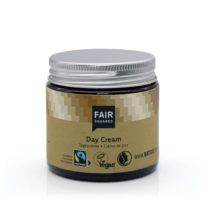 Glass jar of Fair Squared day cream with metal screw top lid