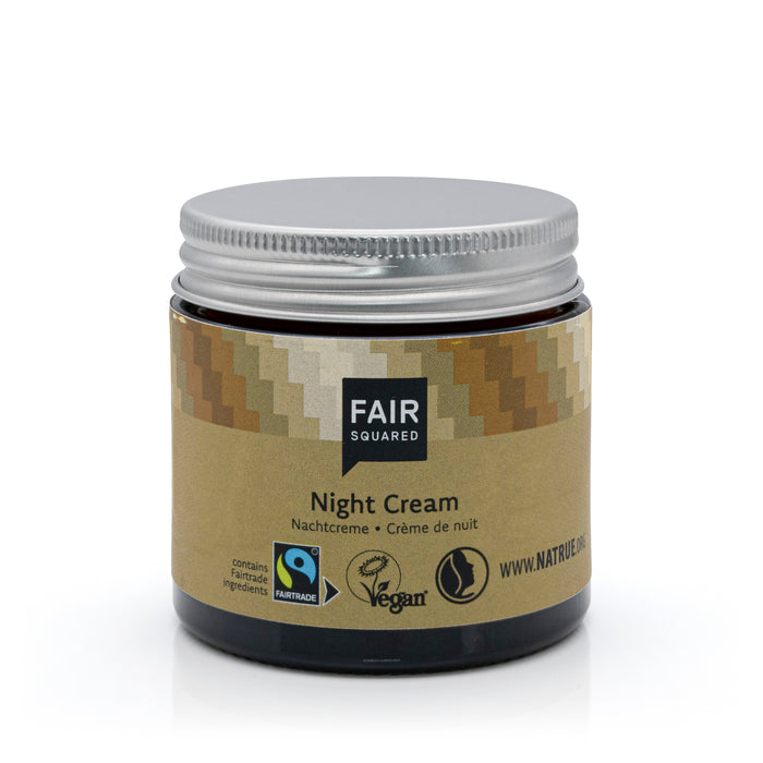 Glass jar of Fair Squared Night Cream with metal screw top lid
