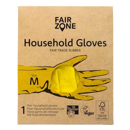 Medium sized rubber gloves in eco-friendly cardboard packaging.