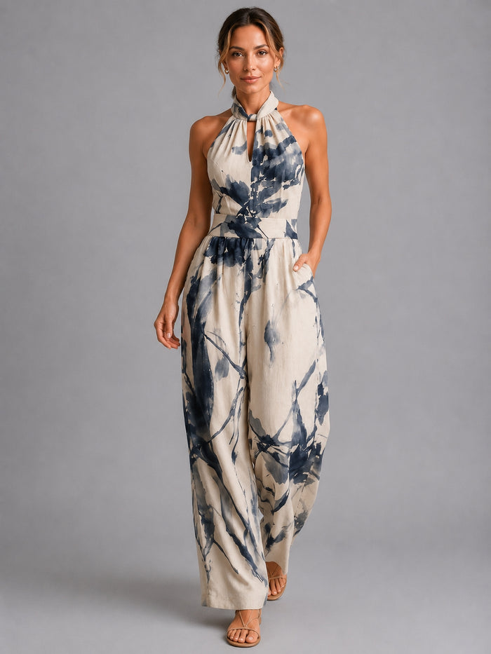 Printed wide-leg summer jumpsuit in light blue, front view