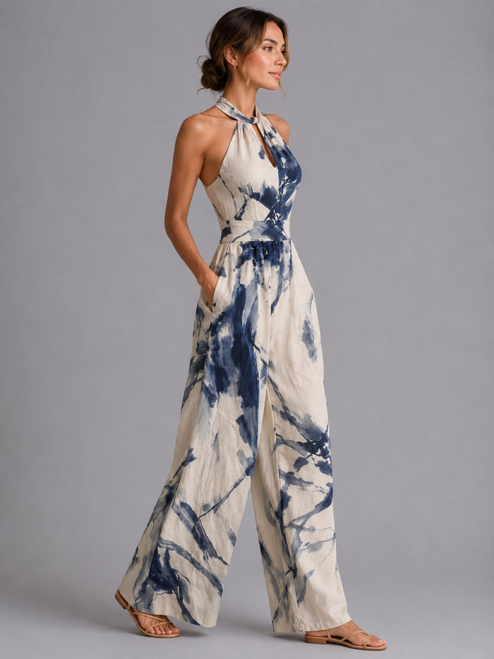 Printed wide-leg summer jumpsuit, back view full length