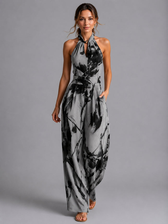 Printed wide-leg summer jumpsuit, side profile wide leg