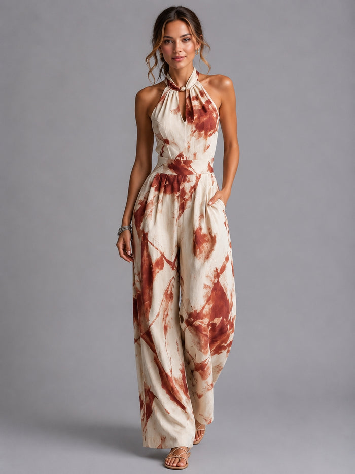 Printed wide-leg summer jumpsuit, print detail close-up