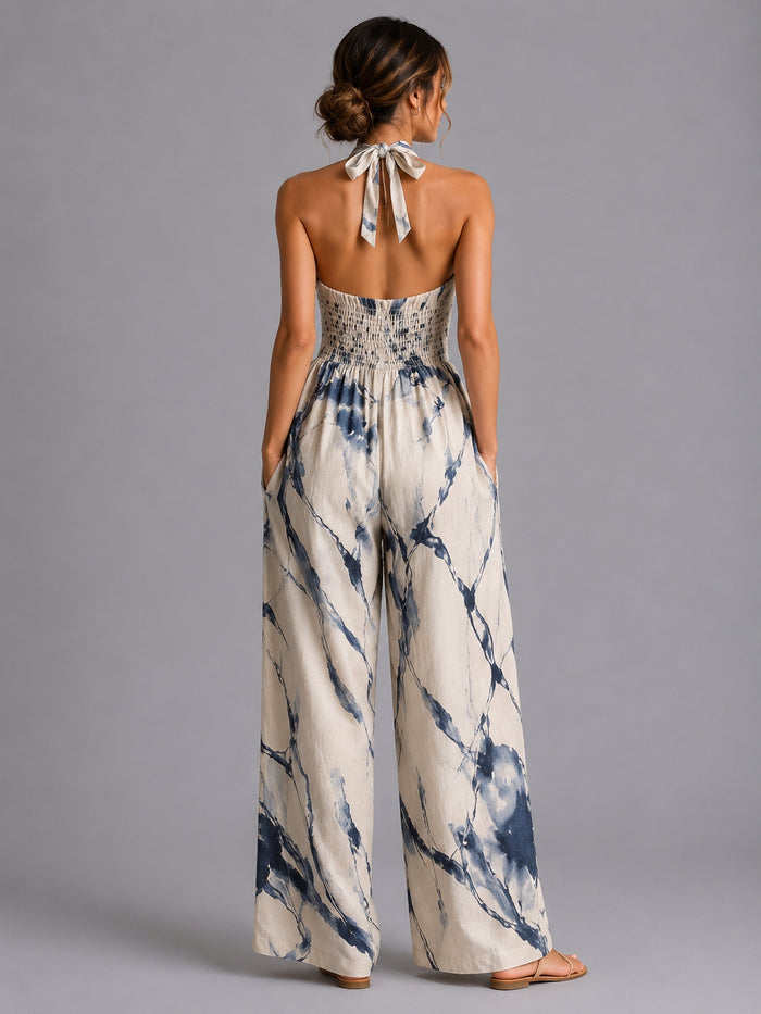 Printed wide-leg summer jumpsuit in light blue, lifestyle summer