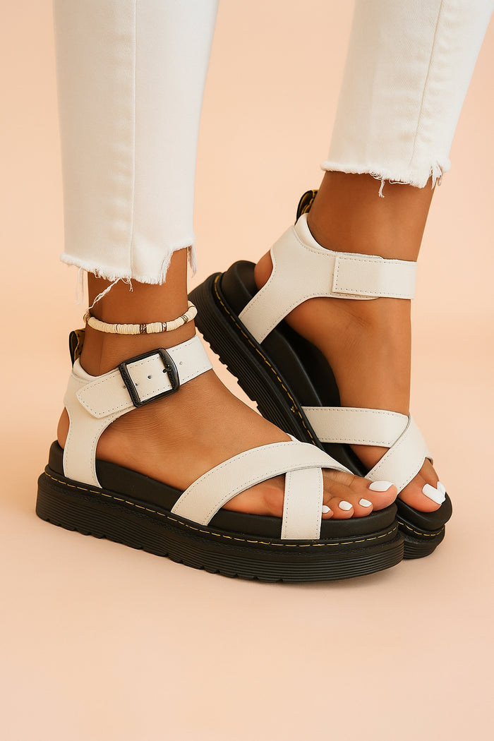 Sporty strappy platform sandals in white, chunky platform front view