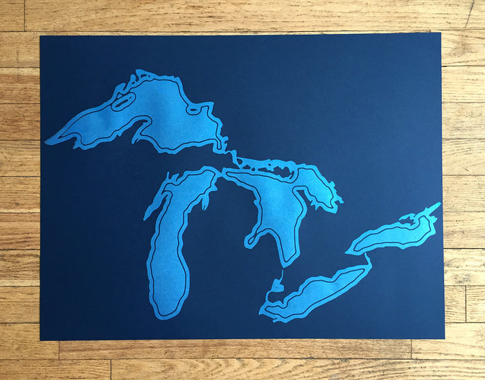 Blue Great Lakes silkscreen poster print, Cyberoptix