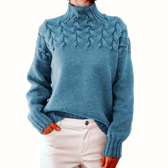 Arvelle | Women's Cable Knit Turtleneck Sweater - Blue - Image 1