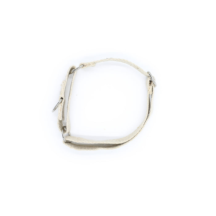 A Hoomans friends natural jute hemp martingale style collar. Placed upon a white background. The natural dog collar is facing so you can see a view of the collar from above. This is a size medium.