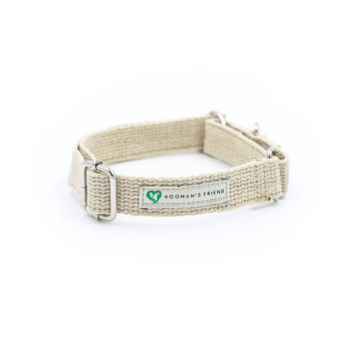 A Hoomans friends natural jute hemp martingale style collar. Placed upon a white background. The natural dog collar is facing so you can see the natural cotton logo This is a size medium.
