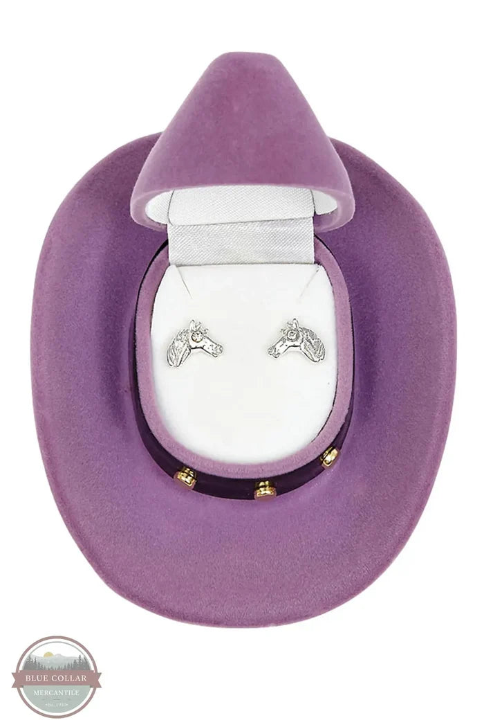 HE-103 Horse Head Earrings in Cowboy Hat Gift Box by Western Express opened box