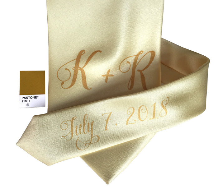 custom monogram wedding neckties, butter yellow tie. Cyberoptix sublimation print groomsmen gifts