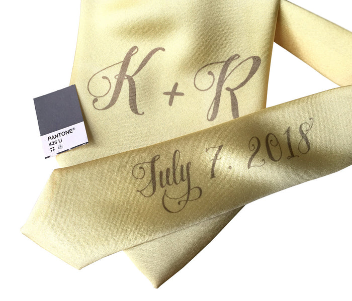 custom monogram wedding necktie, yellow and gray. Cyberoptix sublimation print groomsmen gifts