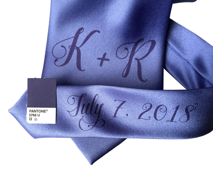 custom monogram wedding necktie, periwinkle blue. Cyberoptix sublimation print groomsmen gifts