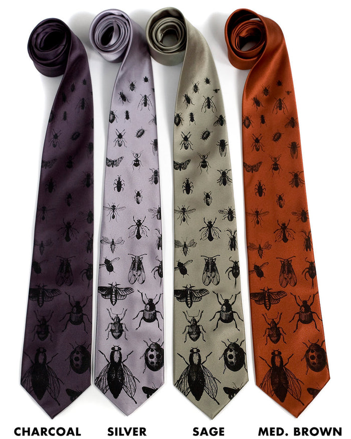 Bug ties: Black on charcoal, silver, sage, cinnamon.