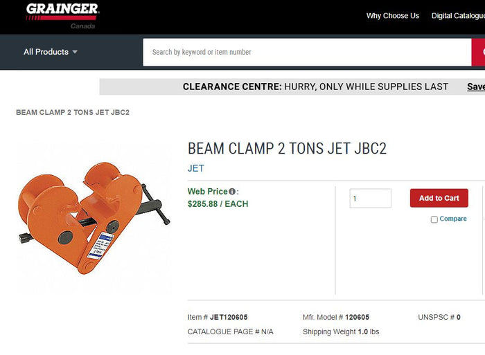 Jet Brand Large Industrial Beam Clamp – 2 Ton Capacity