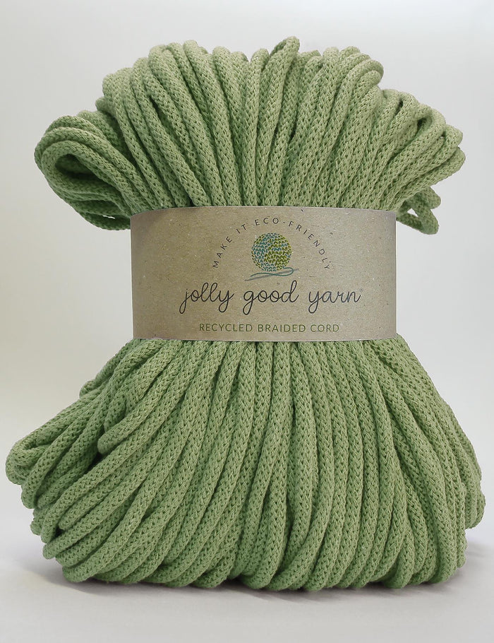 Green braided cord with 'jolly good yarn' label on a white background
