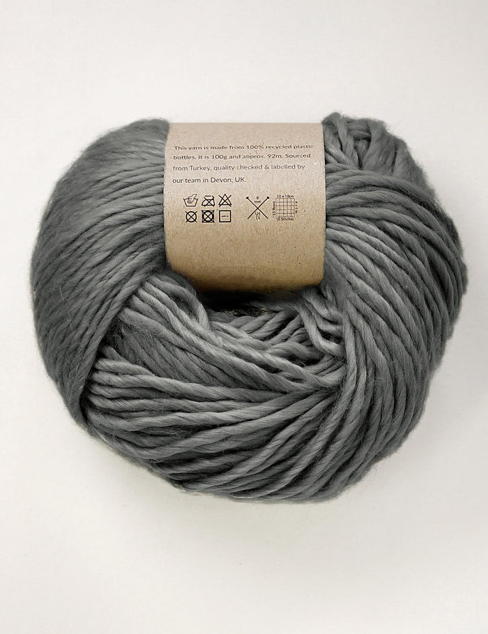 Grey yarn made of recycled plastic bottles
